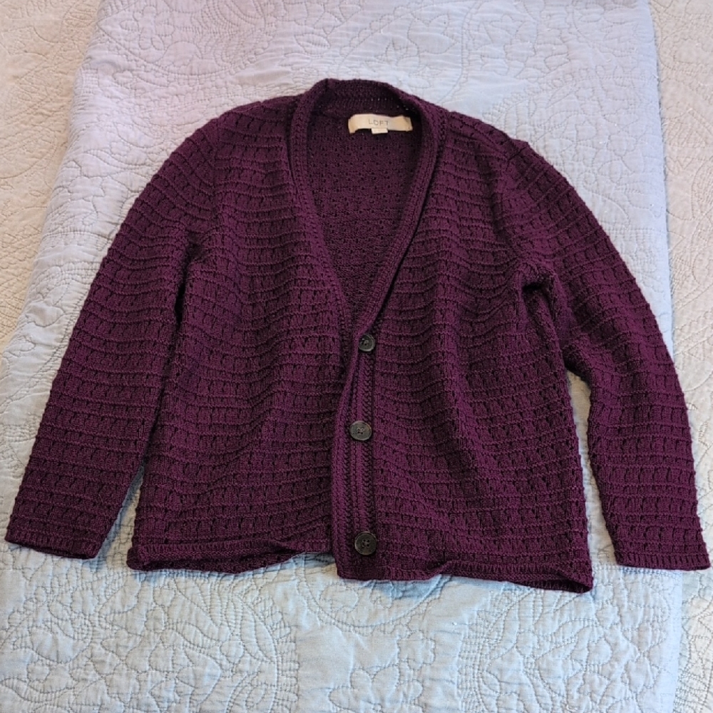 LOFT Deep Purple Button-Up Cardigan
